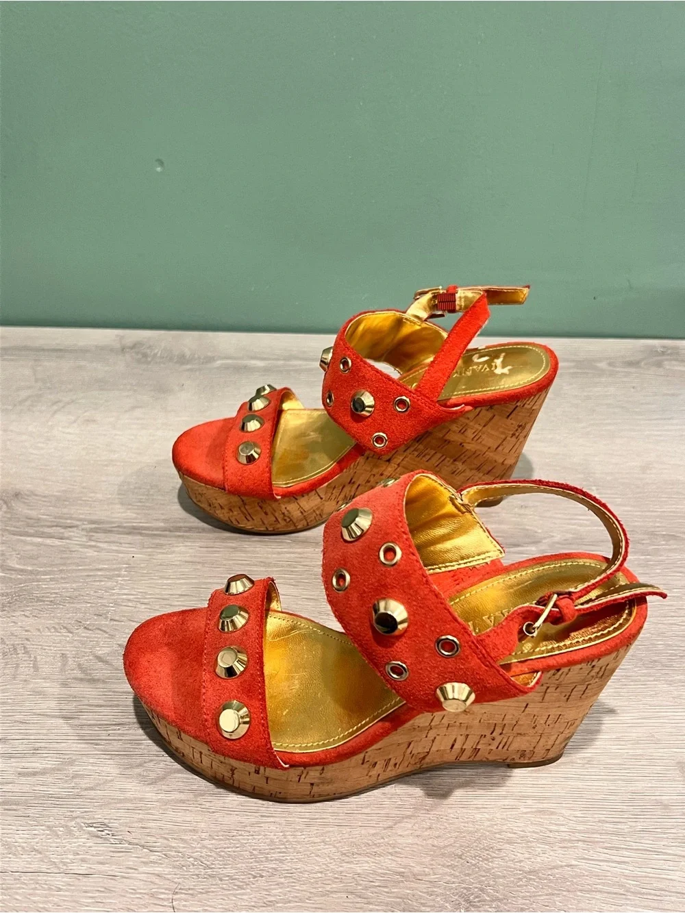 Ivanka Trump Coral Suede Cork Wedge Sandals with Gold Studs Size 5